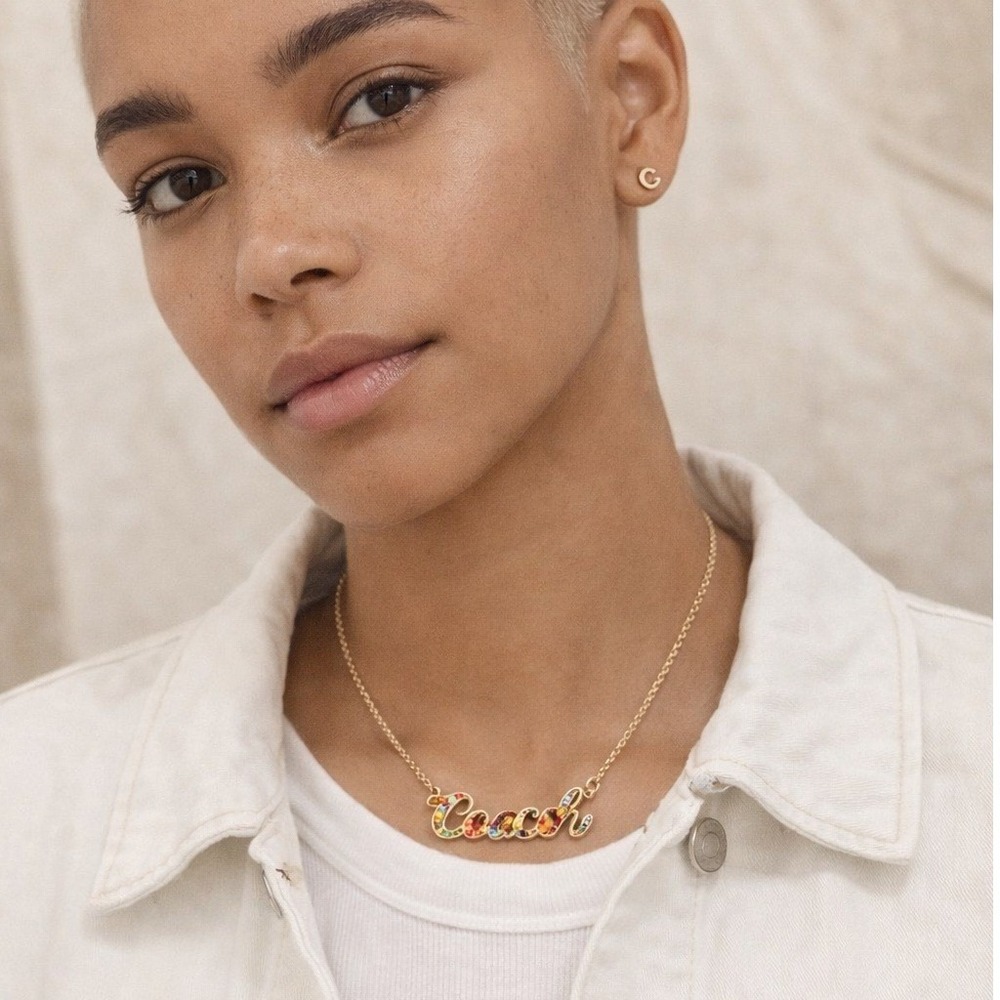 Coach Script Logo Necklace Multi Color Crystal Rainbow‎ Pendant 16+2 Inch NEW